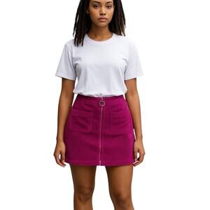 Fuchsia Pink Cotton Corduroy Center Zip Pocket Mini Skirt Medium
